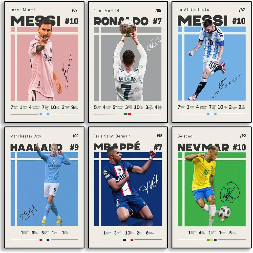 ALAYRA Messi, Ronaldo, Mbappe, Haaland, Neymar Soccer Canvas Posters Wall Art Print Set of 6 Gifts for Boys Living Room Bedroom Decor Unframed 8x12inch 01