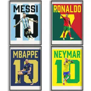ALAYRA Messi, Ronaldo, Mbappe, Neymar Poster Soccer Canvas Poster Wall Art Print Set of 4 Gifts for Boys Living Room Bedroom Decor Unframed 8x12inch 01
