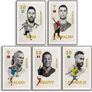 ALAYRA Messi, Ronaldo, Mbappe, Neymar, Haaland Soccer Canvas Poster Wall Art Print Set of 5 Gifts for Boys Living Room Bedroom Decor Unframed 8x12inch 01