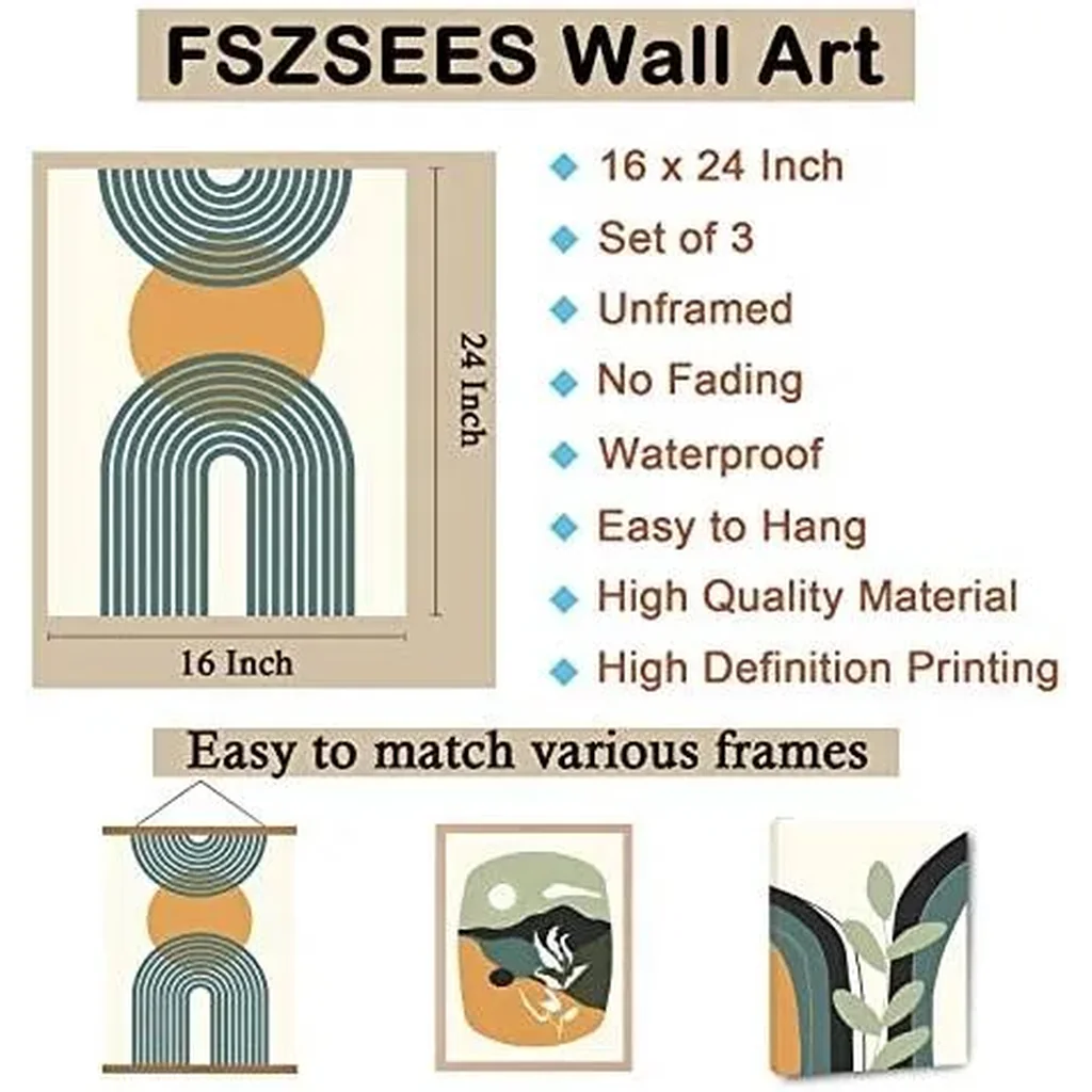 ALAYRA Mid Century Boho Wall Art Prints Set of 3 Abstract Modern Landscape Wall Art Minimalist Boho Line Art Wall Decor Unframed Geometric Artwork Poster for Living Room Bedroom Office 16x24 Inch 01 - Image 3