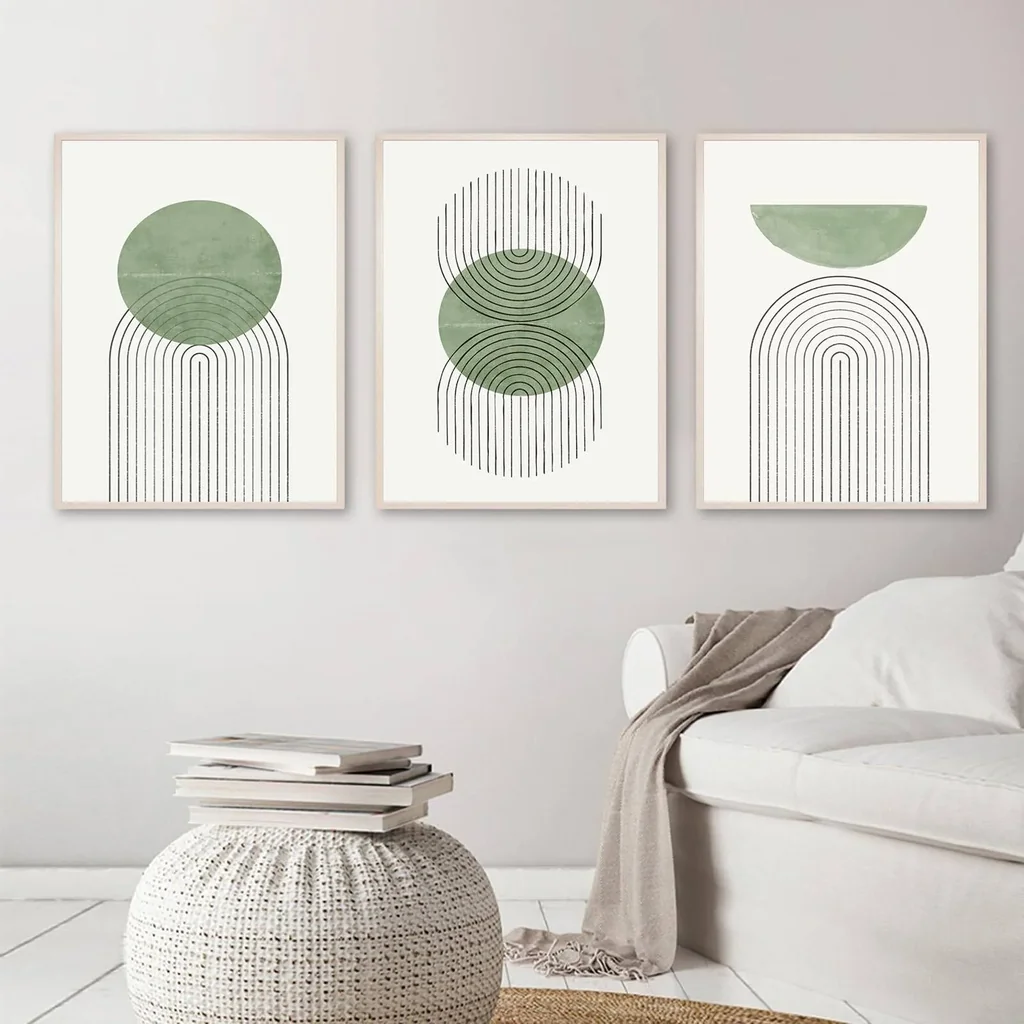 ALAYRA Mid Century Modern Canvas Wall Art Green Line Art Wall Decor Green Geometric Wall Art Green Semi-Circle and Line Parabola Canvas Print Wall Art Abstract Line Art Prints for Home Decor Unframed