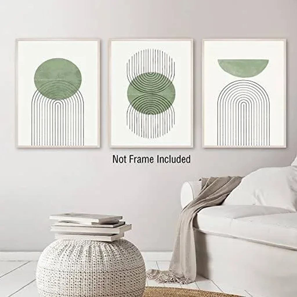 ALAYRA Mid Century Modern Canvas Wall Art Green Line Art Wall Decor Green Geometric Wall Art Green Semi-Circle and Line Parabola Canvas Print Wall Art Abstract Line Art Prints for Home Decor Unframed - Image 2
