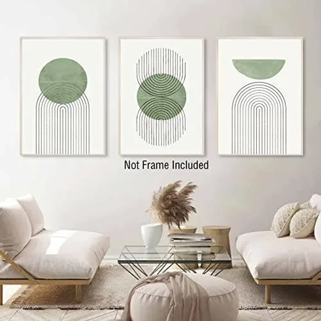ALAYRA Mid Century Modern Canvas Wall Art Green Line Art Wall Decor Green Geometric Wall Art Green Semi-Circle and Line Parabola Canvas Print Wall Art Abstract Line Art Prints for Home Decor Unframed - Image 3