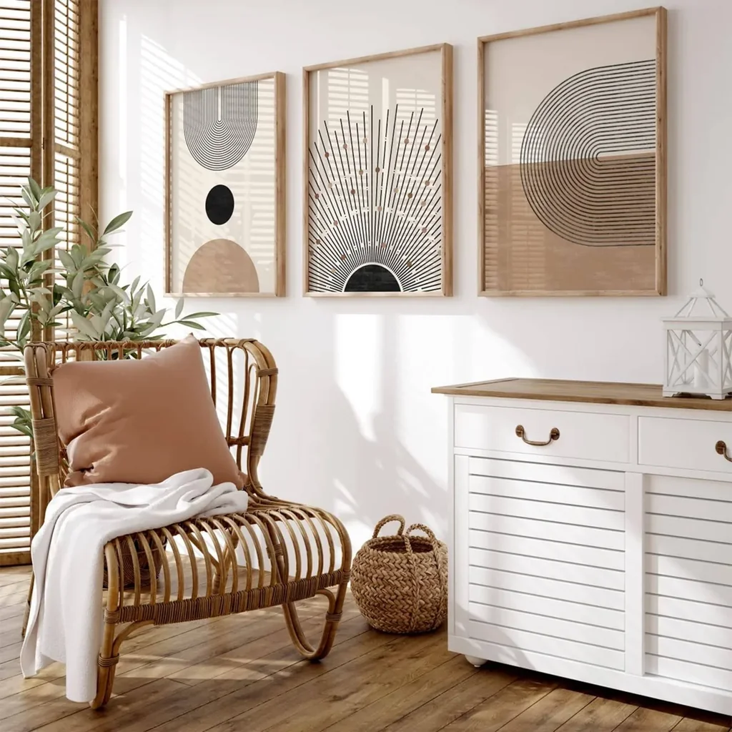 ALAYRA Mid Century Modern Wall Art Set of 3 Neutral Boho Art Prints Abstract Geometric Wall Art Picture Black Beige Minimalist Painting Canvas Artwork for Living Room Bedroom 16x24 Inch UNFRAMED 01