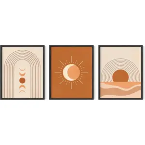 ALAYRA Mid Century Wall Art and Terracotta Decor - by Set of 3 Mid Century Art Prints Moon Wall Art Boho Art Wall Decor Mid Century Modern Wall Art Geometric Decor (8"x10", UNFRAMED) 01
