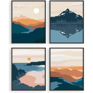 ALAYRA Mid-Century Modern Nature Wall Art Prints, 4 Pack, 11x14 Unframed, Dining Room Decor 01