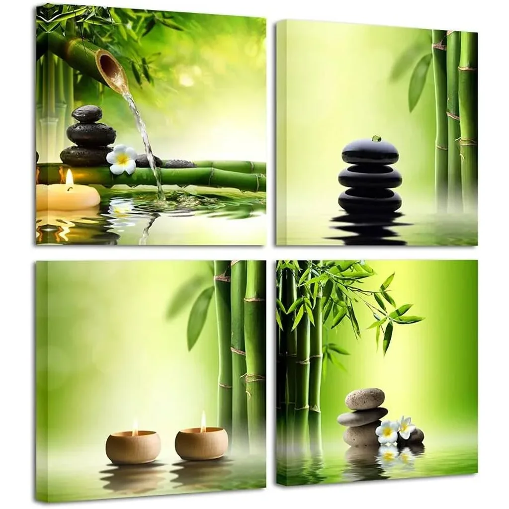 ALAYRA Modern 4 Panel Stretched and Framed Contemporary Zen Giclee Canvas Prints Perfect Bamboo Green Pictures on Canvas Wall Art for Home Office Decorations Living Room Bedroom 01