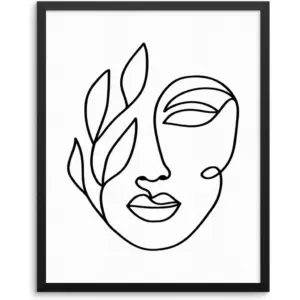ALAYRA Modern Abstract Line Drawing Wall Decor Art Print Poster - Woman Face Portrait With Leaves -UNFRAMED- Living Room Bedroom Home Office -Female Face Silhouette Wall Poster Decor (11"x14" W/LEAVES