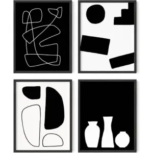ALAYRA Modern Abstract Wall Art - Set of 4 Geometric Wall Prints, Black & White Art Work For Home Walls (11x14, Unframed) 01