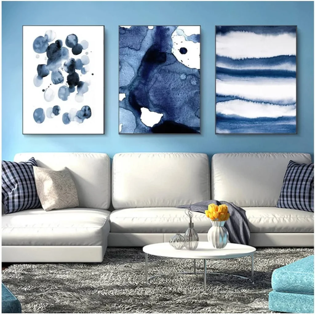ALAYRA Modern Abstract Wall Art Blue Spots Geometric Canvas Painting Nordic Posters And Prints Minimalist Wall Pictures For Living Room Home Wall Decoration, With Frame, 50X70Cm/3Pcs 01
