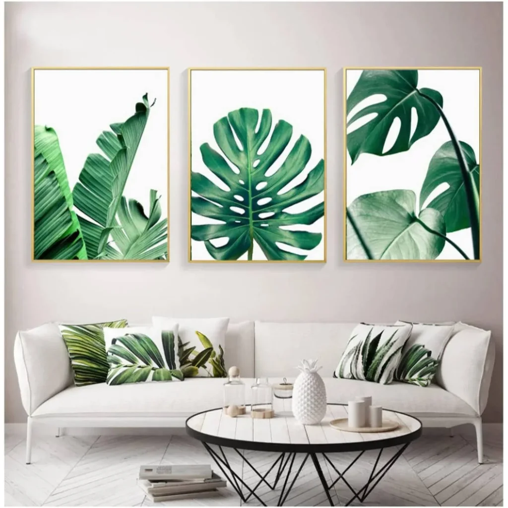 ALAYRA Modern Abstract Wall Art Tropical Leaf Monstera Leaf Palm Green Leaves Canvas Painting Posters Print Wall Pictures For Living Room Home Decoration, A/No Frame, 40X60Cm/3Pcs 01