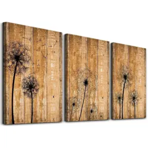 ALAYRA modern Bathroom wall decoration for bedroom canvas wall art for living room kitchen works of art dandelion wood grain flowers painting canvas prints office home decoration 12 "x 16" 3 piece 01