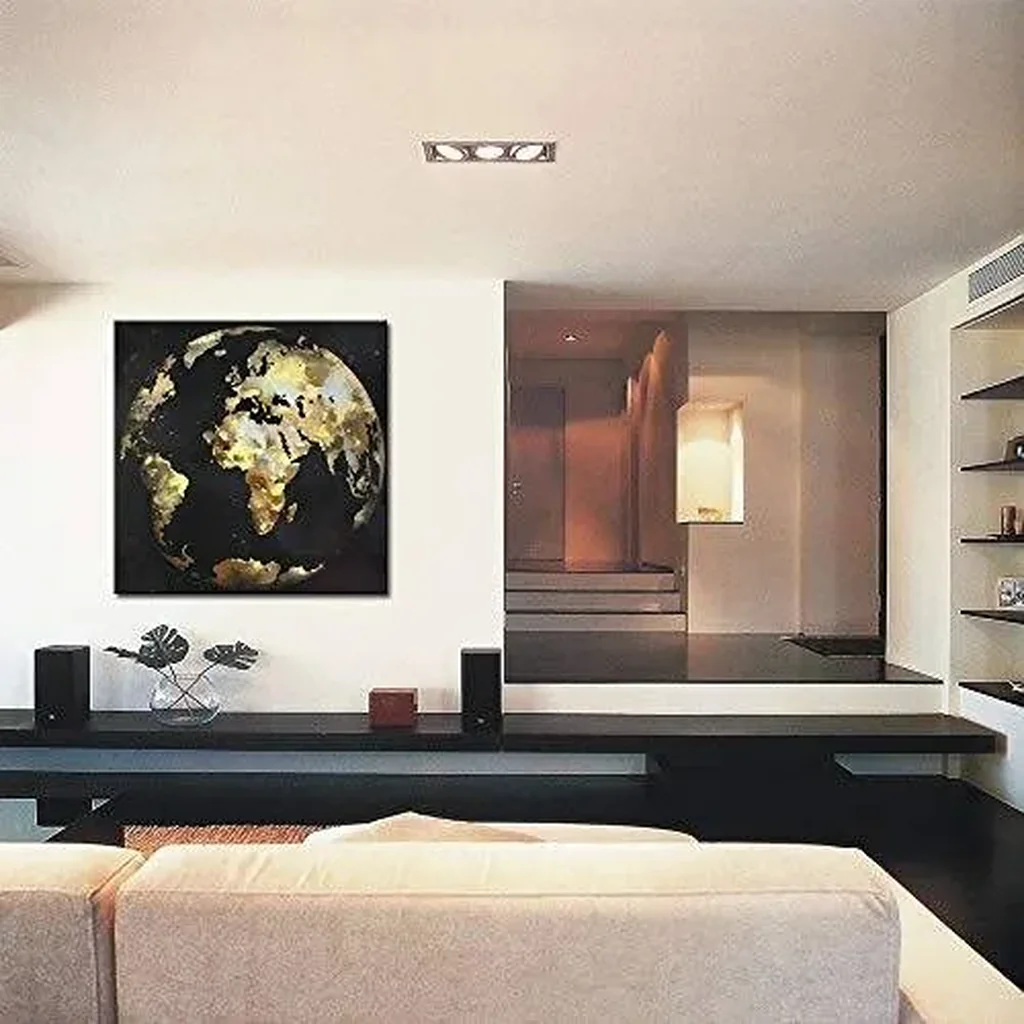 ALAYRA Modern Black and Gold Wall Art Abstract World Globe Painting Prints on Canvas Modern Office Home Living Room Wall Decor Framed Artwork Ready to Hang 01 - Image 2