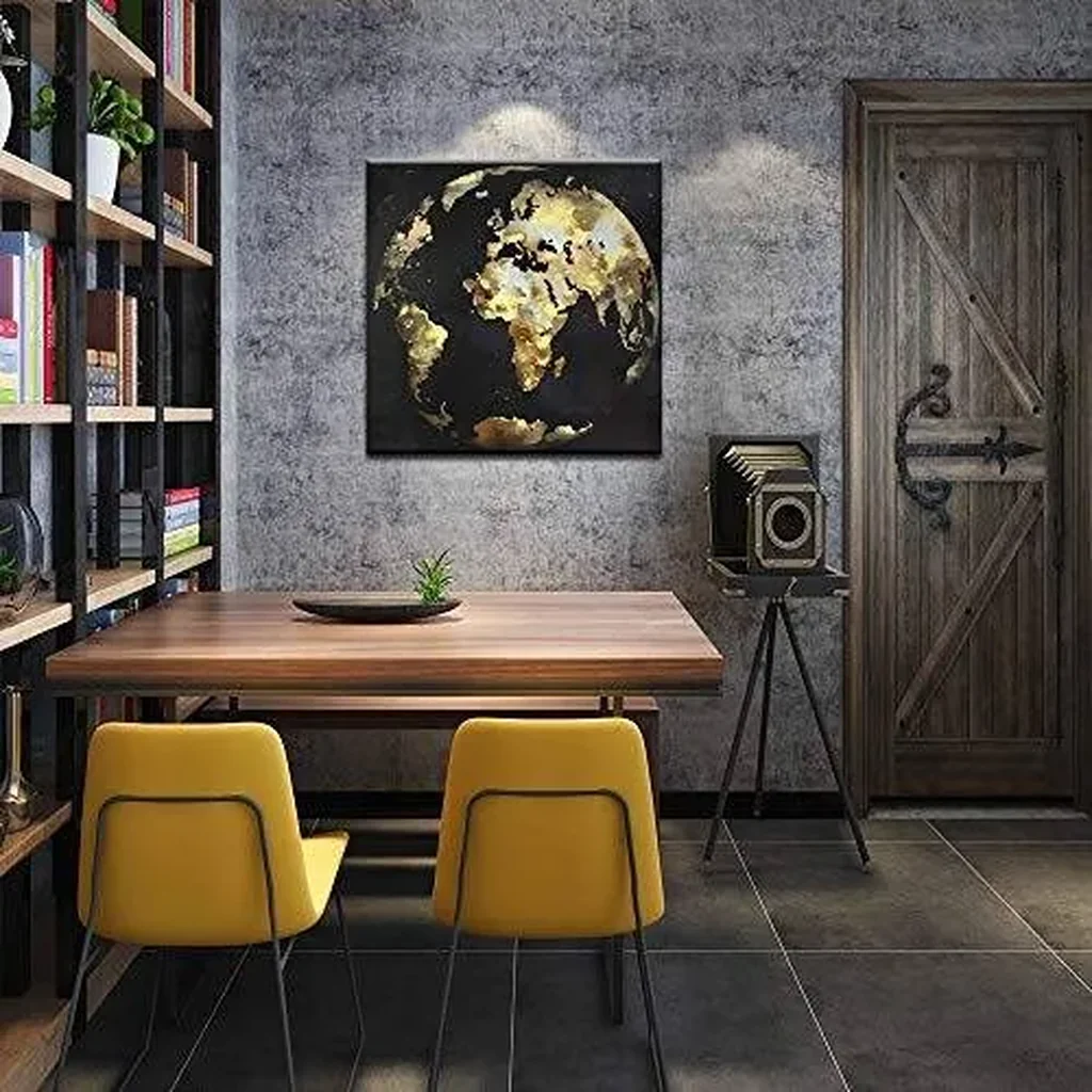 ALAYRA Modern Black and Gold Wall Art Abstract World Globe Painting Prints on Canvas Modern Office Home Living Room Wall Decor Framed Artwork Ready to Hang 01 - Image 3