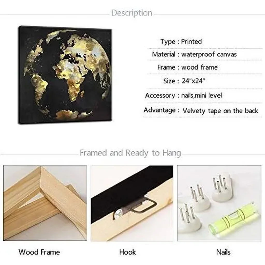 ALAYRA Modern Black and Gold Wall Art Abstract World Globe Painting Prints on Canvas Modern Office Home Living Room Wall Decor Framed Artwork Ready to Hang 01 - Image 4