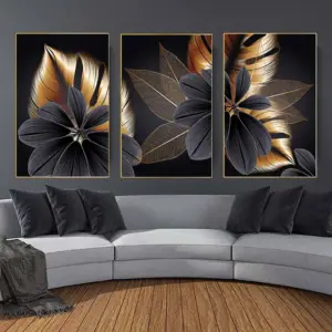 ALAYRA Modern Canvas Wall Art Decor Black Gold Plant Leaf Art Prints Abstract Nordic Leaves Paintings, Abstract Wall Art Canvas Print Poster Artwork for Living Room Bedroom Home Decor Unframed 01