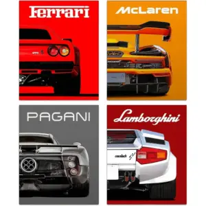ALAYRA Modern Car Posters Classic Supercar Wall Art Prints, Cool Racing Ferrari Lamborghini McLaren Pagani Canvas Posters for Man Cave Boys Room Wall Decor, Sports Car Art Prints, Set of 4 (8"x10" Unf