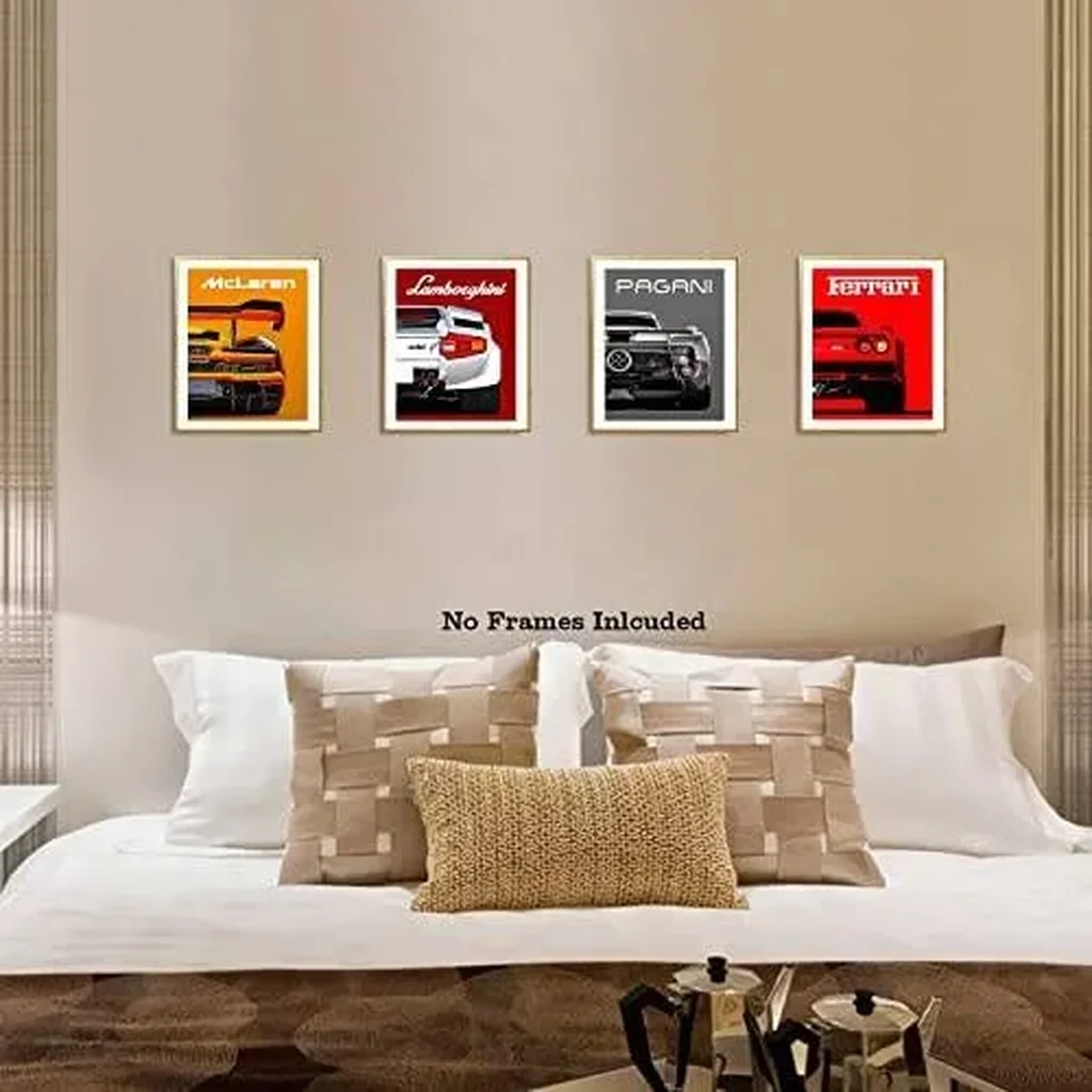 ALAYRA Modern Car Posters Classic Supercar Wall Art Prints, Cool Racing Ferrari Lamborghini McLaren Pagani Canvas Posters for Man Cave Boys Room Wall Decor, Sports Car Art Prints, Set of 4 (8"x10" Unf - Image 3