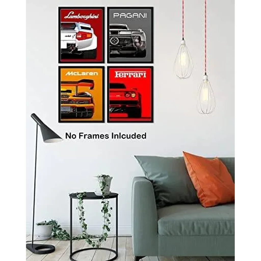 ALAYRA Modern Car Posters Classic Supercar Wall Art Prints, Cool Racing Ferrari Lamborghini McLaren Pagani Canvas Posters for Man Cave Boys Room Wall Decor, Sports Car Art Prints, Set of 4 (8"x10" Unf - Image 4