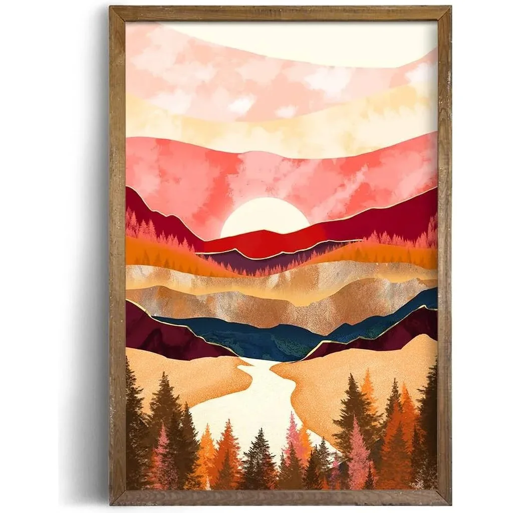 ALAYRA Modern Moon Wall Art Large Bohemian Bathroom Decor for Office Wall Decor for Kitchen, Unframed 24x36 inch, Large Nature Poster, Mountain Posters for Guys, Sun, Fall Art 01