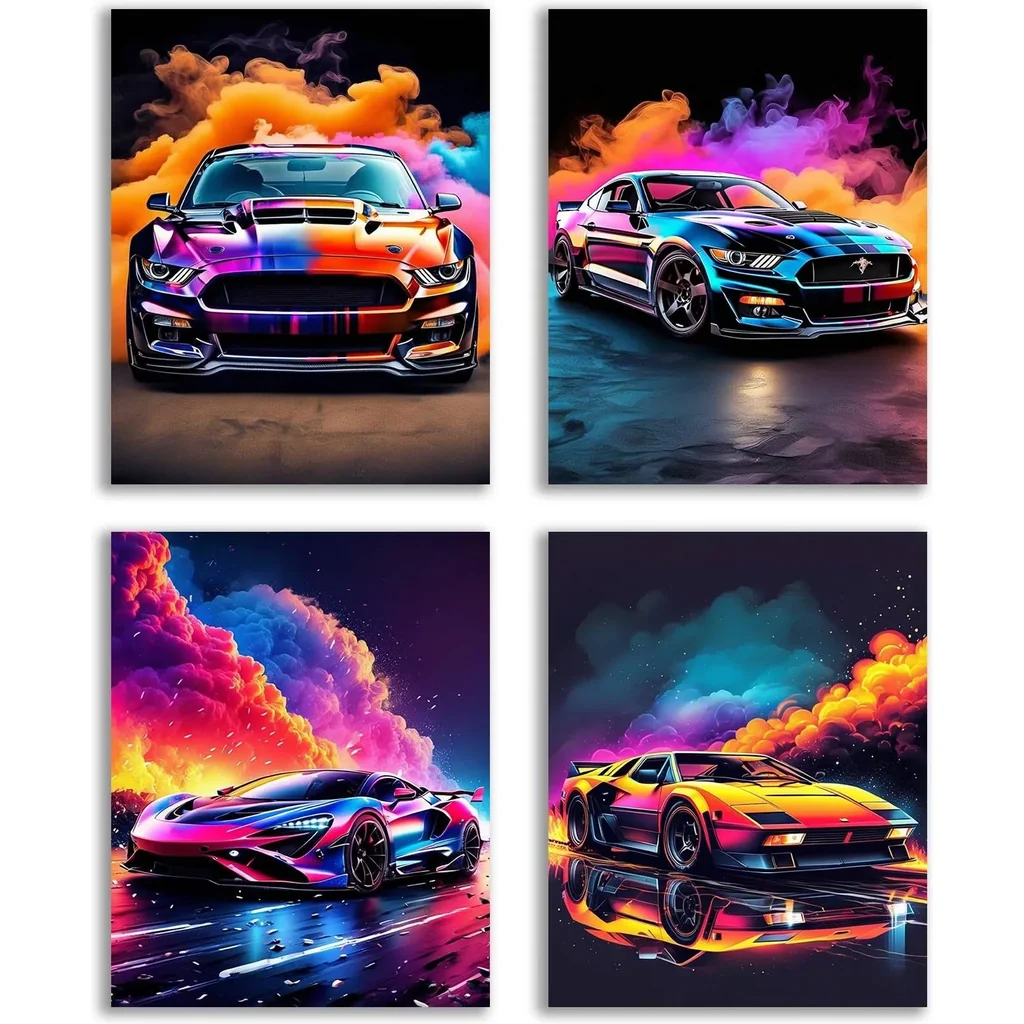 ALAYRA Modern Sports Car Wall Art, Colorful Supercar Canvas Prints, Automotive Posters for Man Cave Boys Room Bedroom Decor, Set of 4 (8"x10" Unframed) 01