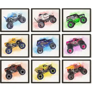 ALAYRA Monster Truck Room Decor for Boys - Cars Monster Trucks Bedroom Decorations, Kids Car Wall Art Prints, Cartoon Vehicle Pictures for Kids Playroom (8x10 UNFRAMED) 01