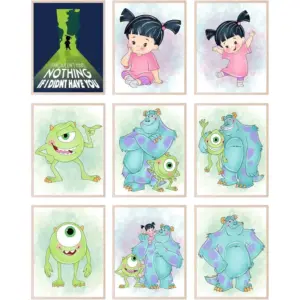ALAYRA Monsters Inc. Wall Art - Pixar Character Posters, Sully and Mike Wazowski Art, Kids Room Decor, Cute Colorful Nursery Artwork, Inspirational Quote - Unframed Set of 9 (8x10) 01