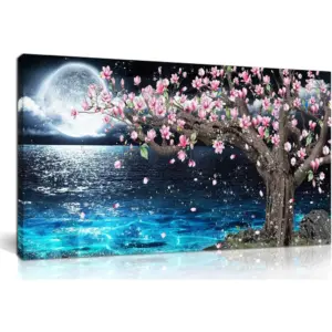 ALAYRA Moon Wall-Art Living Room - Magnolia Tree Wall Art - Blue Ocean Sea Wall Art - Framed Canvas Art Picture large Size 47 x 23 Inches 01