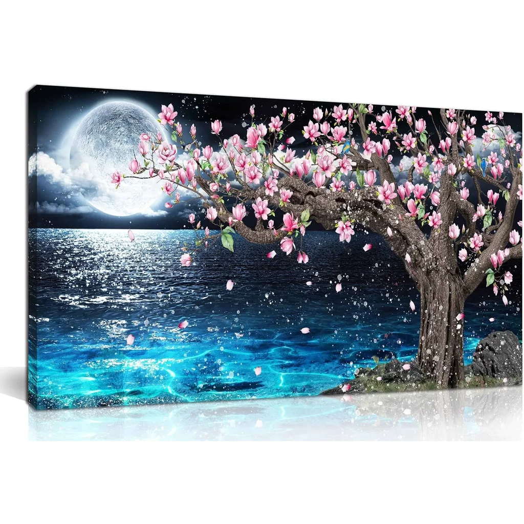 ALAYRA Moon Wall-Art Living Room - Magnolia Tree Wall Art - Blue Ocean Sea Wall Art - Framed Canvas Art Picture large Size 47 x 23 Inches 01