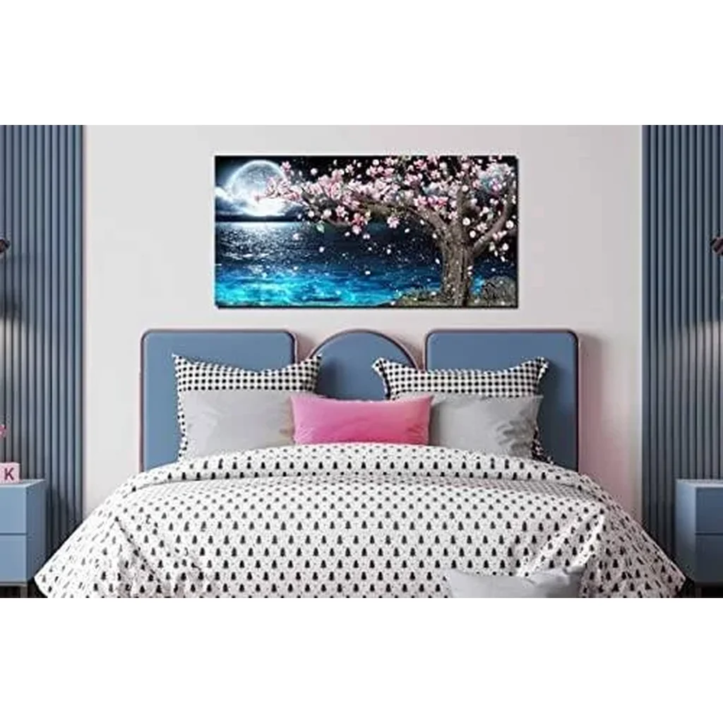 ALAYRA Moon Wall-Art Living Room - Magnolia Tree Wall Art - Blue Ocean Sea Wall Art - Framed Canvas Art Picture large Size 47 x 23 Inches 01 - Image 2