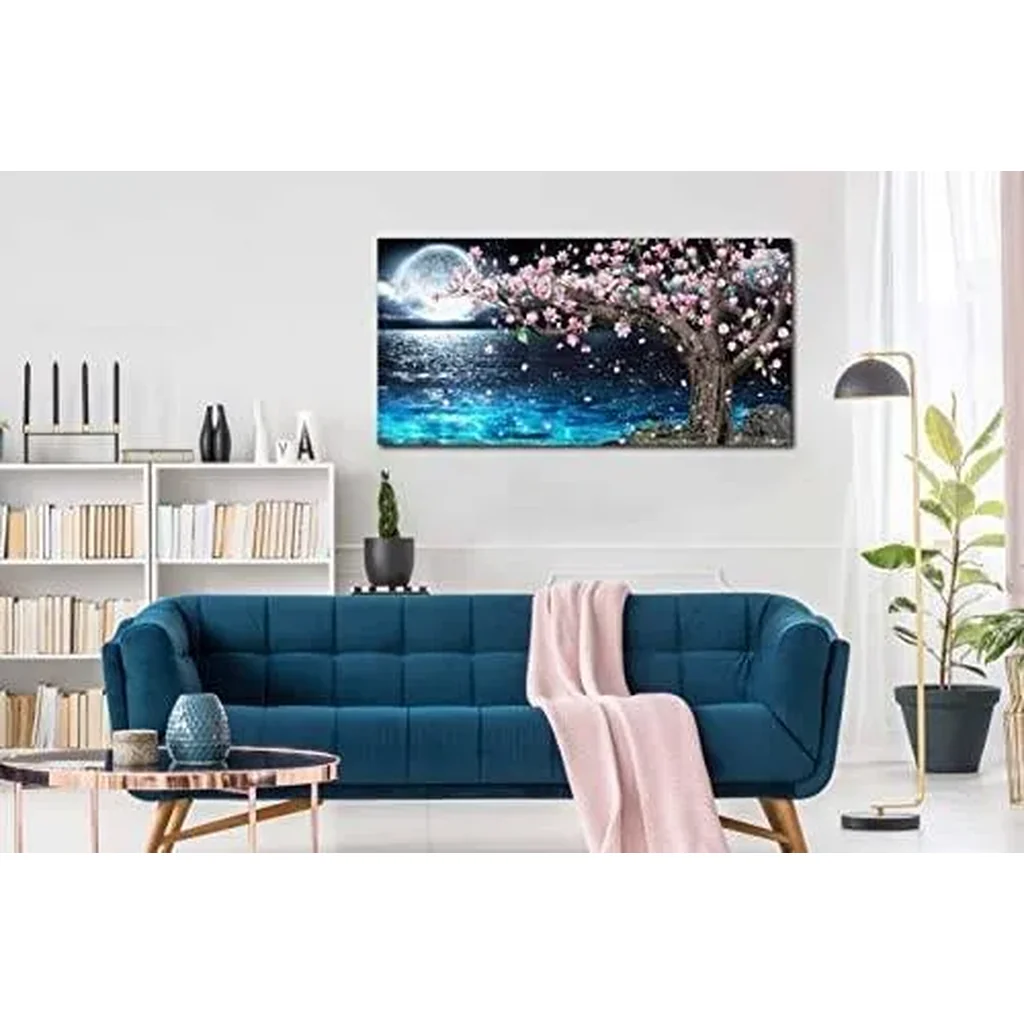 ALAYRA Moon Wall-Art Living Room - Magnolia Tree Wall Art - Blue Ocean Sea Wall Art - Framed Canvas Art Picture large Size 47 x 23 Inches 01 - Image 3