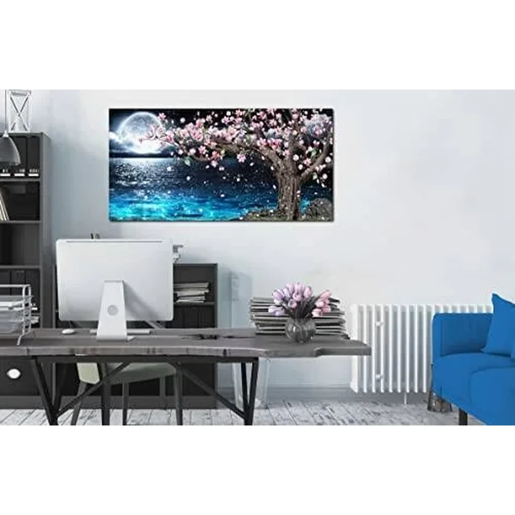 ALAYRA Moon Wall-Art Living Room - Magnolia Tree Wall Art - Blue Ocean Sea Wall Art - Framed Canvas Art Picture large Size 47 x 23 Inches 01 - Image 4