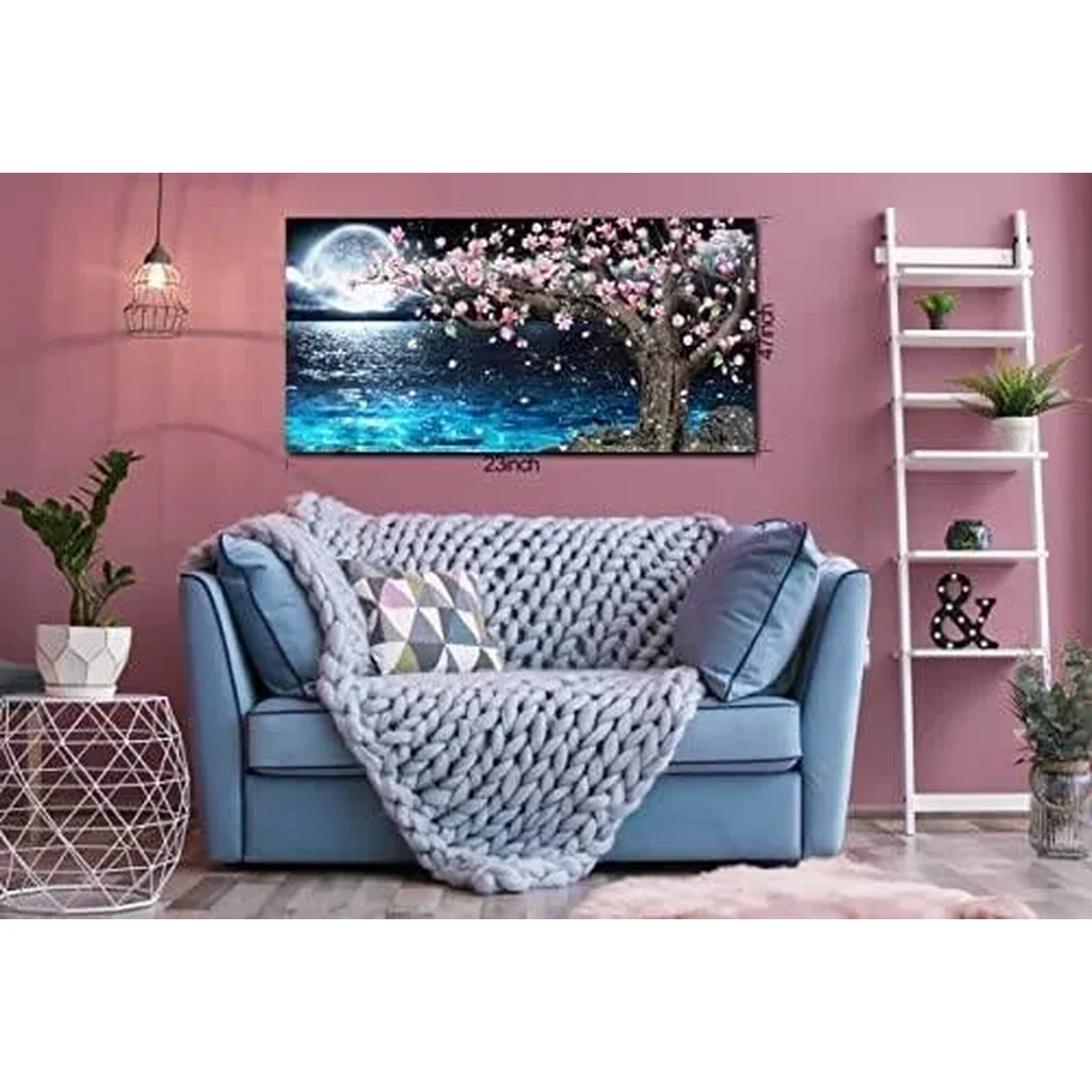 ALAYRA Moon Wall-Art Living Room - Magnolia Tree Wall Art - Blue Ocean Sea Wall Art - Framed Canvas Art Picture large Size 47 x 23 Inches 01 - Image 5