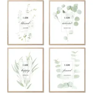 ALAYRA Motivational Botanical Plants Wall Art Prints Set of 4 Boho Sage Green Leaf Eucalyptus with Encouragement Words Decor Canvas Posters(8"x10" UNFRAMED) Motivational Leaf Art 01