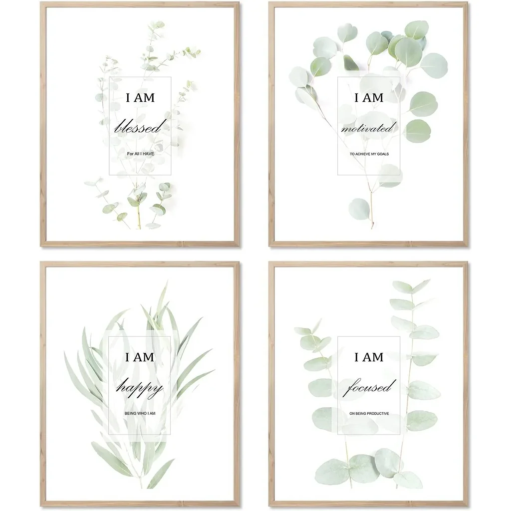 ALAYRA Motivational Botanical Plants Wall Art Prints Set of 4 Boho Sage Green Leaf Eucalyptus with Encouragement Words Decor Canvas Posters(8"x10" UNFRAMED) Motivational Leaf Art 01