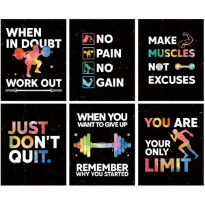ALAYRA Motivational Gym Wall Art, Inspirational Workout Room Poster, Set of 6 (8X10, Unframed), Positive Canvas Art Print for Gym, Exercise Classroom Decor 01