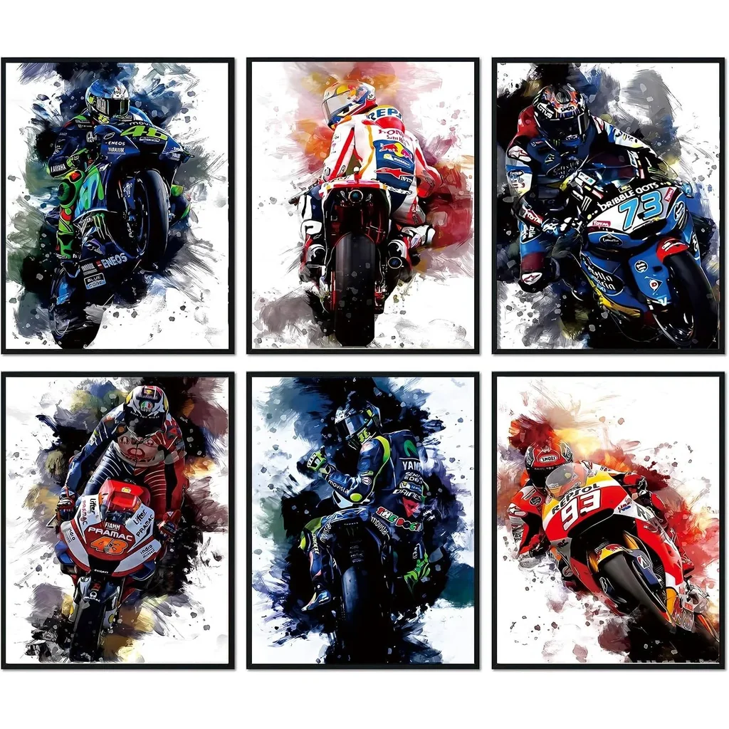 ALAYRA Motorcycle and Racer Poster, Graffiti Motocross Wall Art Prints, Motorcycle Room Decor Art Posters Boys' Bedroom Decoration Sports Posters, Office Decoration Gift, Set of 6 (8x10 inches, Unfram