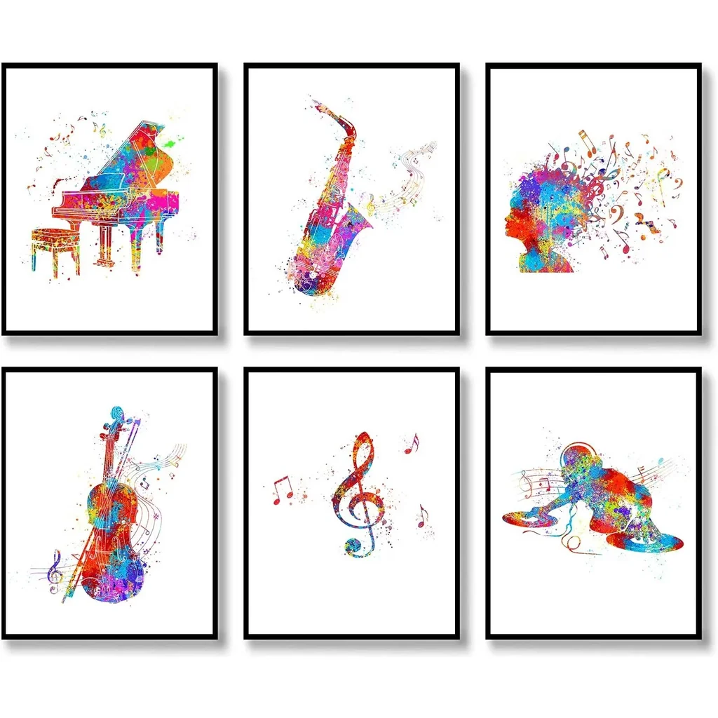 ALAYRA Music Poster, Musical Instrument Art Prints, Piano Violin Music Wall Art Print, Musician Gift Home Decor, Abstract Musical Hair, Treble Clef Music Note Wall Decor (11"x14" UNFRAMED) 01