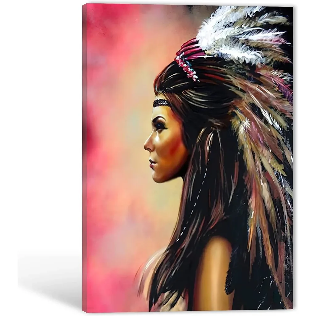 ALAYRA Native American Canvas Wall Art - American Indian Girl Women Headdress Feathered Art Canvas Prints for Wall Decor, Large Framed Artwork for Living Room Bedroom Ready to Hang (12W x18H) 01
