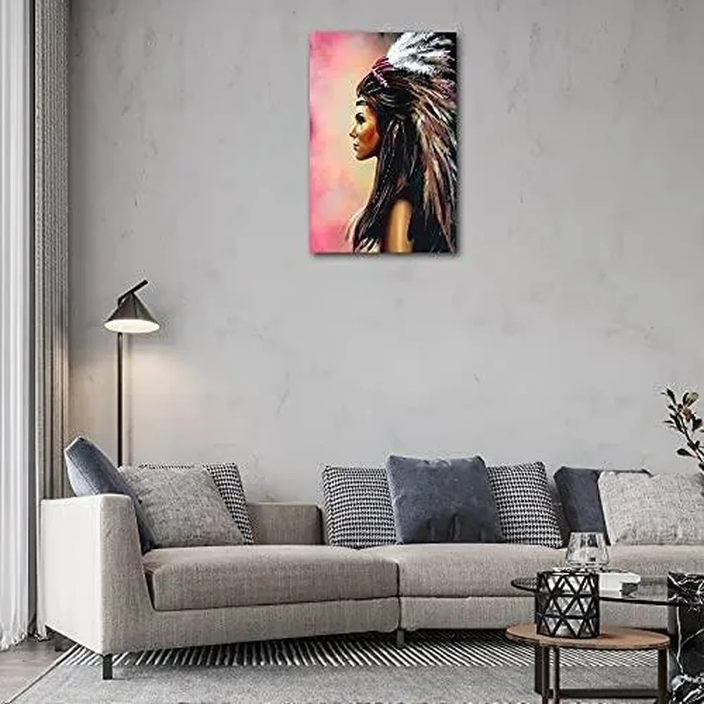 ALAYRA Native American Canvas Wall Art - American Indian Girl Women Headdress Feathered Art Canvas Prints for Wall Decor, Large Framed Artwork for Living Room Bedroom Ready to Hang (12W x18H) 01 - Image 3