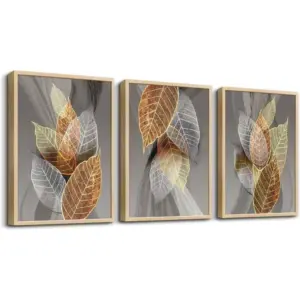ALAYRA Natural Framed Painting Canvas Wall Art Living Room decors Modern Decor Abstract Leaves Pictures Artwork Kitchen Home of 3 Piece Prints, Natural Wood Framed) 01