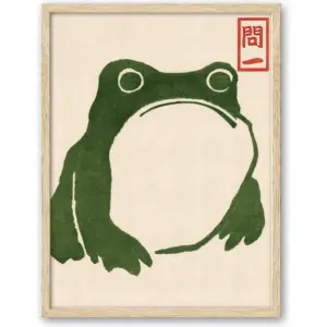 ALAYRA Natural OAK Wood Framed Wall Art, 12x16in Bedroom Wall Decor Japanese Frog Set of 1, Vintage Frog Woodblock Zenga Toad Painting, Beige Frame Funny Canvas Print for Living Room Bathroom 01