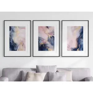 ALAYRA Navy Pink Liquid Marble Set of 3 Unframed Wall Poster Prints, Liquid Marble Textures, Bedroom Bathroom Living Room Kitchen Office Home Decor, Modern Abstract Wall Art, Navy Blush Pink Gold (A3)
