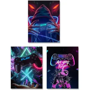 ALAYRA Neon Gaming Art Posters, 12"x16" Video Game Canvas Wall Art, Gamepad Playstation Controller Decorative Interior Painting Wall Art Posters for Teenage Boys Room Playroom Decor, (Set of 3-Unframe