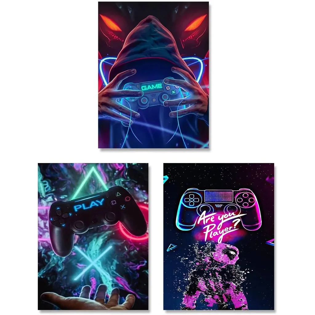 ALAYRA Neon Gaming Art Posters, 12"x16" Video Game Canvas Wall Art, Gamepad Playstation Controller Decorative Interior Painting Wall Art Posters for Teenage Boys Room Playroom Decor, (Set of 3-Unframe