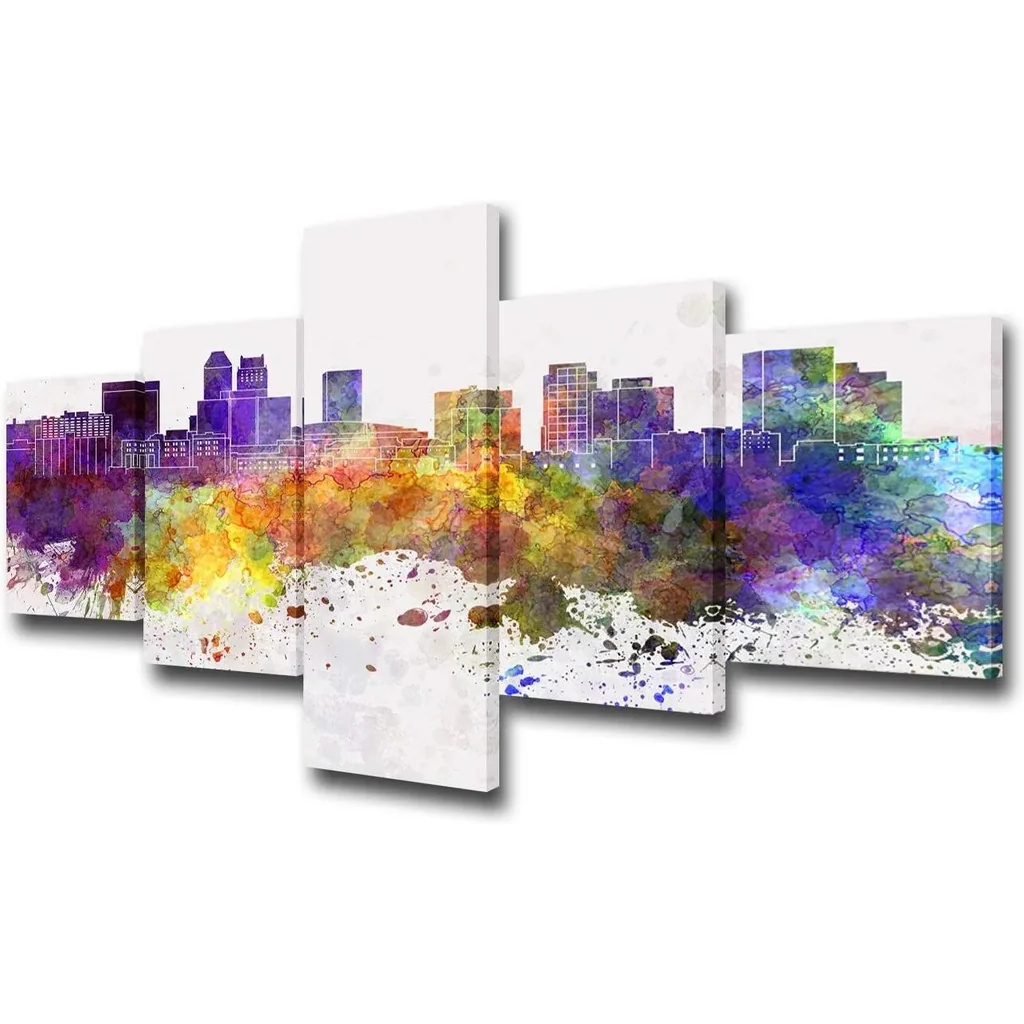 ALAYRA Newark Skyline Canvas Wall Art American Cityscape Painting Modern Buildings Landmarks Prints Picture for Living Room Home Decoration Artwork 5 Panel Wooden Framed Ready to Hang(50Wx24H inches)