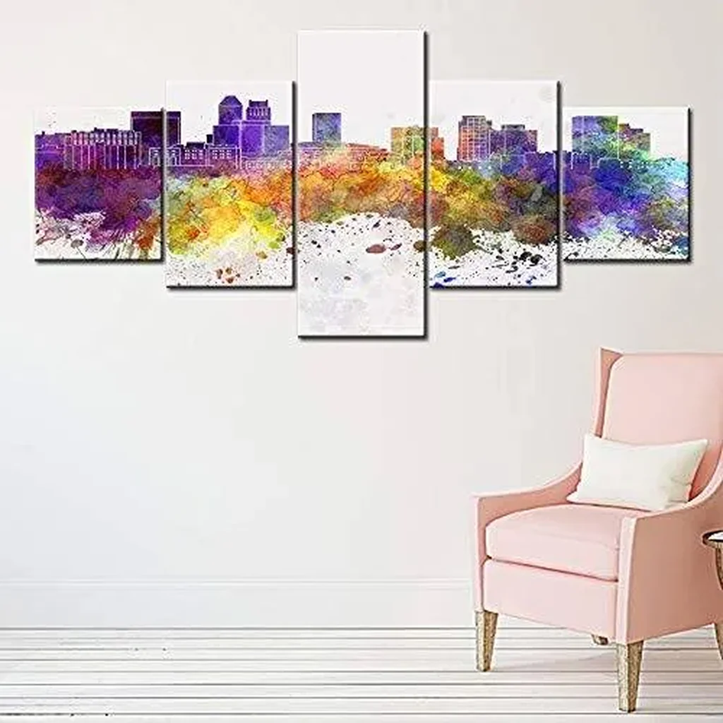 ALAYRA Newark Skyline Canvas Wall Art American Cityscape Painting Modern Buildings Landmarks Prints Picture for Living Room Home Decoration Artwork 5 Panel Wooden Framed Ready to Hang(50Wx24H inches) - Image 2