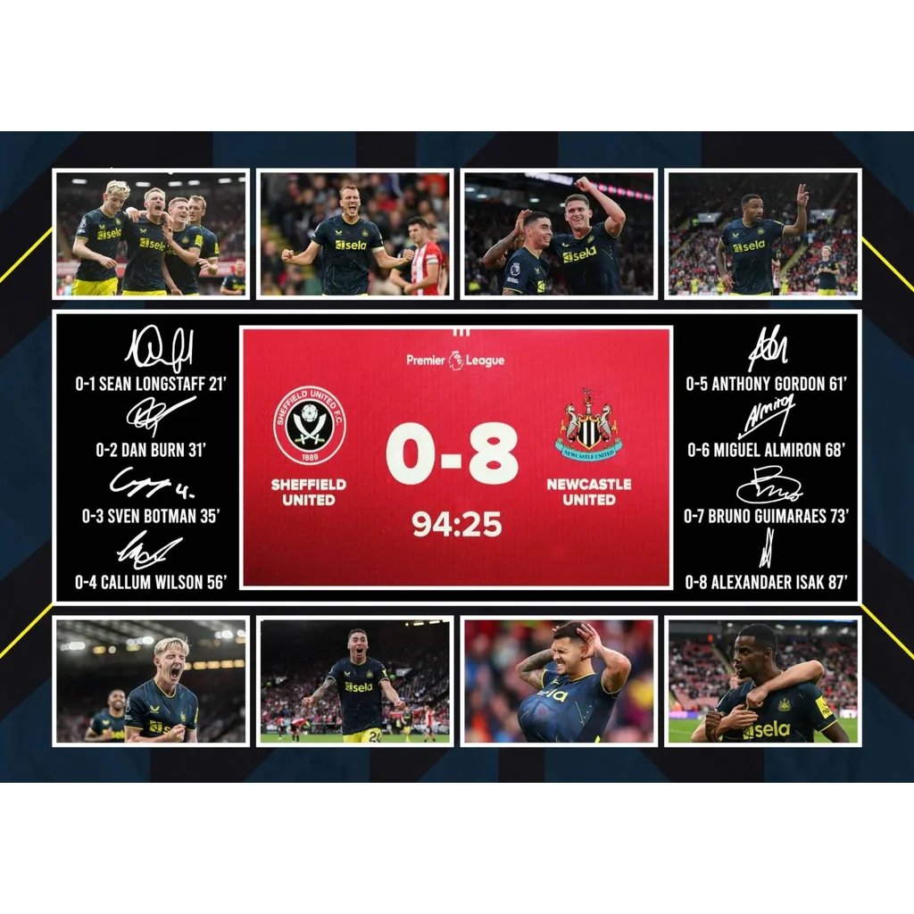 ALAYRA Newcastle United 8-0 Celebration All Goalscorers Signed A4 Montage Photo Print Pre Printed Signature Autograph Football Gift 01