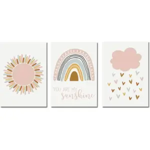 ALAYRA Nordic Morandi Color Rainbow Sun Cloud Nursery Art Print, Boho Wall Art, You are My Sunshine Quotes Canvas Poster for Kids Room Living Room Decor (8x12inchx3 Unframed) 01