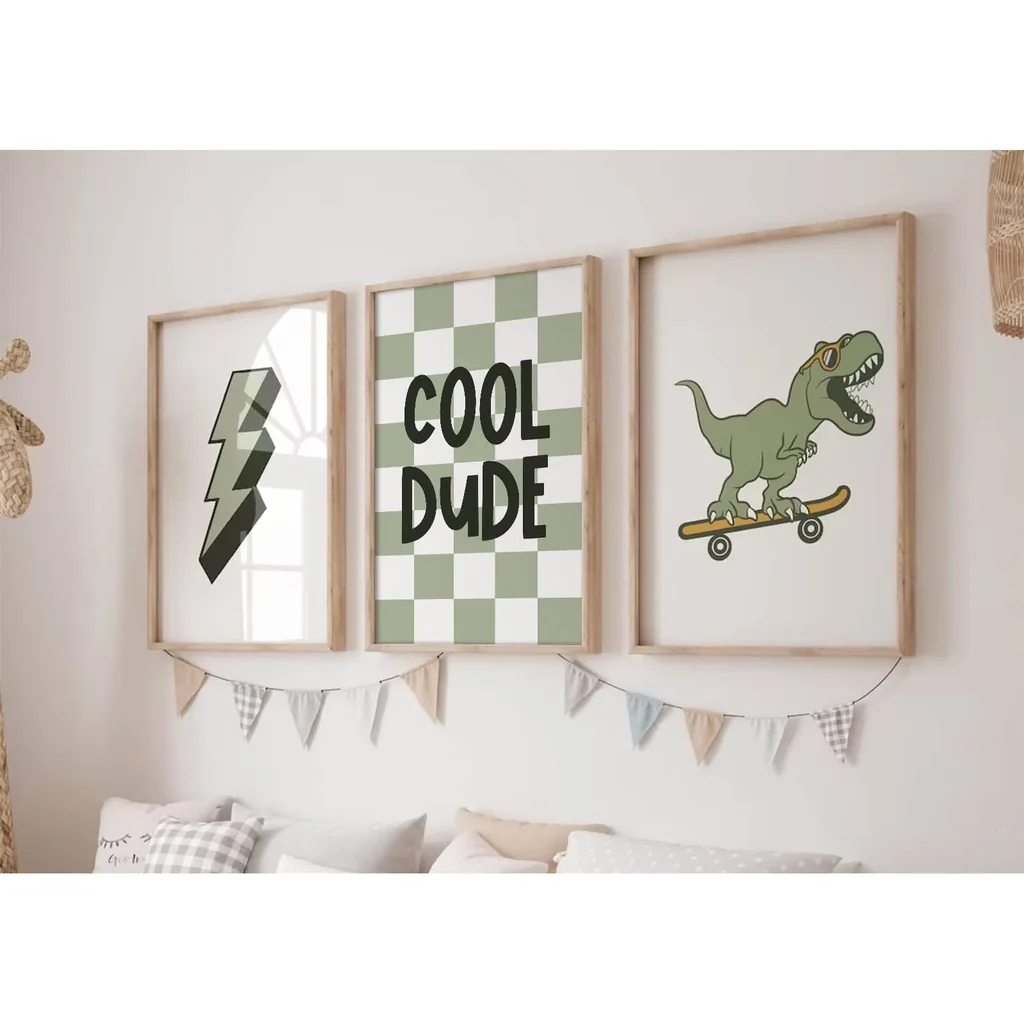 ALAYRA Nursery Dinosaur Wall Art Prints Set of 3 Boys Room Canvas Wall Decor Toddler Kids Wall Art Prints Dinosaur Skateboard Pictures Poster Boys Dino Artwork Decor for Bedroom 16x24 Inch Unframed 01